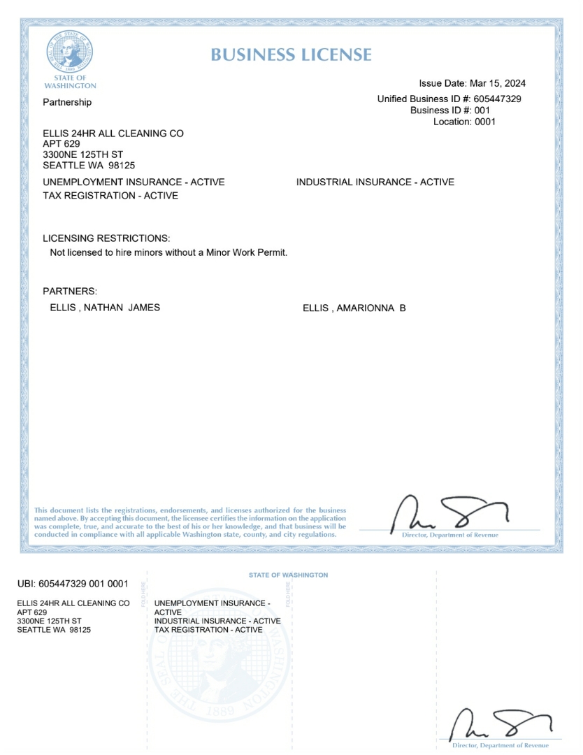 Washington State Business License for Ellis 24hr All Cleaning Co
