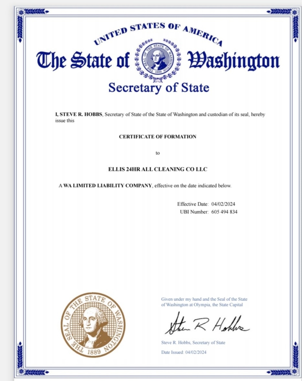 Washington Secretary of State Certificate of Formation for Ellis 24hr All Cleaning Co LLC